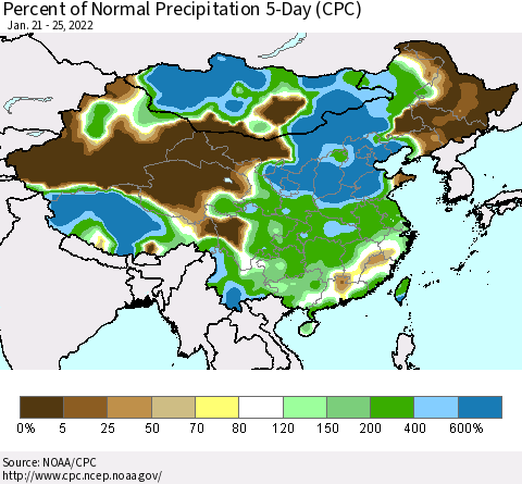 China, Mongolia and Taiwan Percent of Normal Precipitation 5-Day (CPC) Thematic Map For 1/21/2022 - 1/25/2022