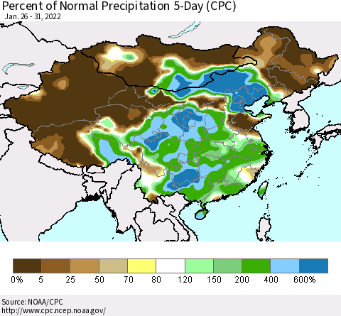 China, Mongolia and Taiwan Percent of Normal Precipitation 5-Day (CPC) Thematic Map For 1/26/2022 - 1/31/2022