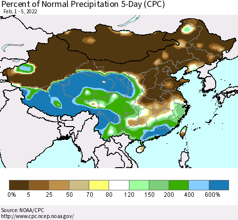 China, Mongolia and Taiwan Percent of Normal Precipitation 5-Day (CPC) Thematic Map For 2/1/2022 - 2/5/2022