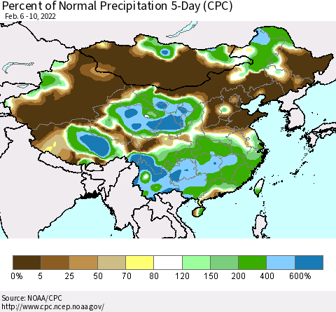 China, Mongolia and Taiwan Percent of Normal Precipitation 5-Day (CPC) Thematic Map For 2/6/2022 - 2/10/2022