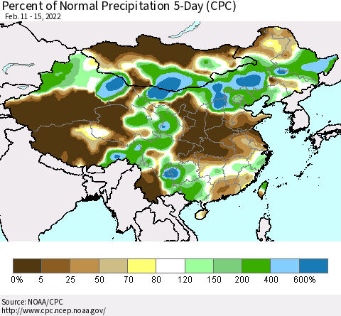China, Mongolia and Taiwan Percent of Normal Precipitation 5-Day (CPC) Thematic Map For 2/11/2022 - 2/15/2022