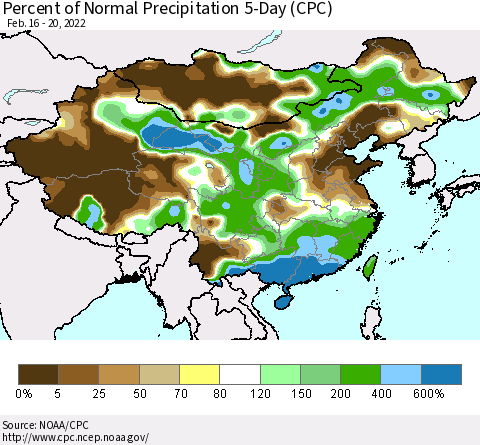 China, Mongolia and Taiwan Percent of Normal Precipitation 5-Day (CPC) Thematic Map For 2/16/2022 - 2/20/2022