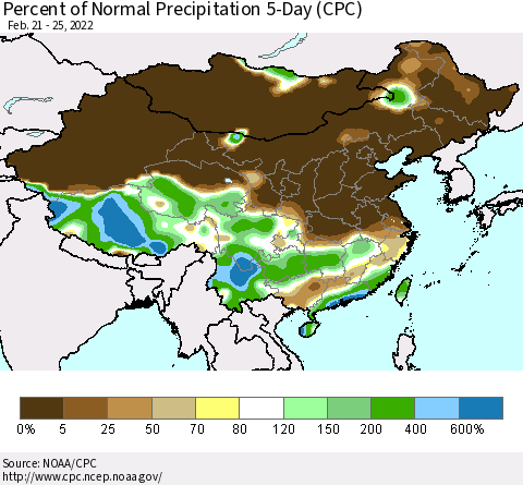 China, Mongolia and Taiwan Percent of Normal Precipitation 5-Day (CPC) Thematic Map For 2/21/2022 - 2/25/2022