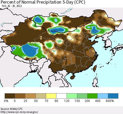 China, Mongolia and Taiwan Percent of Normal Precipitation 5-Day (CPC) Thematic Map For 2/26/2022 - 2/28/2022