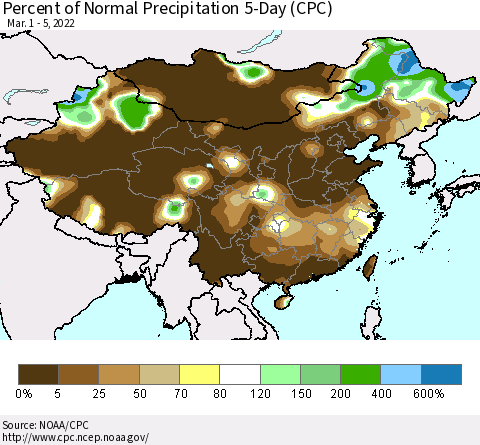 China, Mongolia and Taiwan Percent of Normal Precipitation 5-Day (CPC) Thematic Map For 3/1/2022 - 3/5/2022