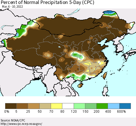 China, Mongolia and Taiwan Percent of Normal Precipitation 5-Day (CPC) Thematic Map For 3/6/2022 - 3/10/2022