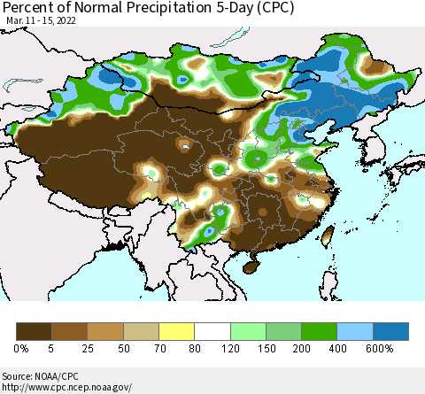 China, Mongolia and Taiwan Percent of Normal Precipitation 5-Day (CPC) Thematic Map For 3/11/2022 - 3/15/2022