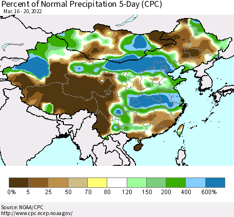 China, Mongolia and Taiwan Percent of Normal Precipitation 5-Day (CPC) Thematic Map For 3/16/2022 - 3/20/2022