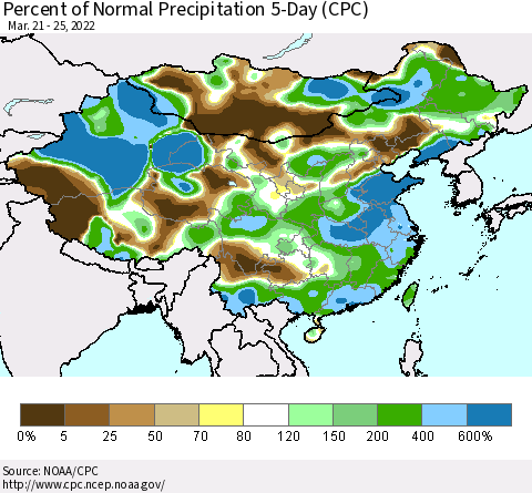 China, Mongolia and Taiwan Percent of Normal Precipitation 5-Day (CPC) Thematic Map For 3/21/2022 - 3/25/2022