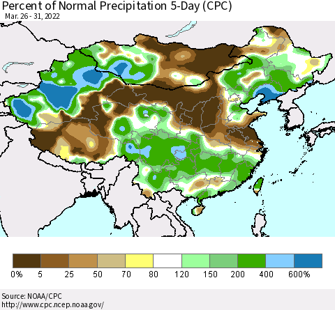 China, Mongolia and Taiwan Percent of Normal Precipitation 5-Day (CPC) Thematic Map For 3/26/2022 - 3/31/2022