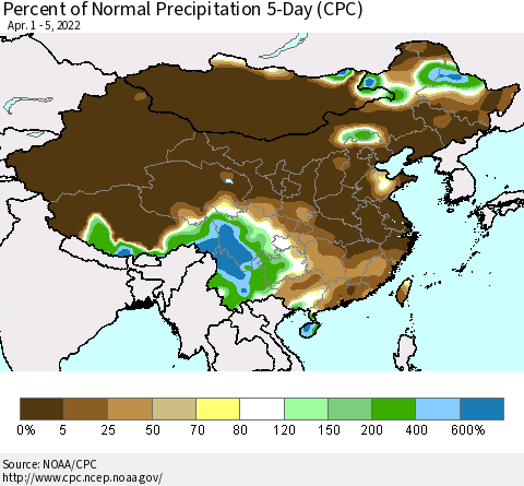 China, Mongolia and Taiwan Percent of Normal Precipitation 5-Day (CPC) Thematic Map For 4/1/2022 - 4/5/2022