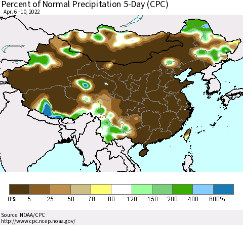 China, Mongolia and Taiwan Percent of Normal Precipitation 5-Day (CPC) Thematic Map For 4/6/2022 - 4/10/2022
