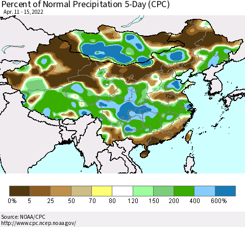 China, Mongolia and Taiwan Percent of Normal Precipitation 5-Day (CPC) Thematic Map For 4/11/2022 - 4/15/2022