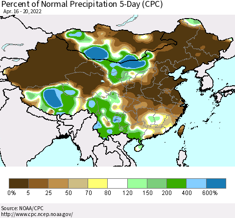 China, Mongolia and Taiwan Percent of Normal Precipitation 5-Day (CPC) Thematic Map For 4/16/2022 - 4/20/2022