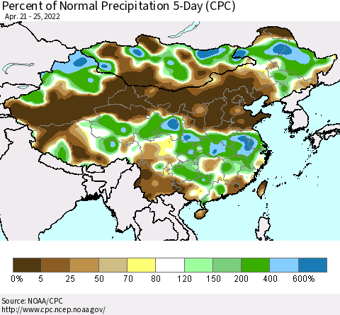 China, Mongolia and Taiwan Percent of Normal Precipitation 5-Day (CPC) Thematic Map For 4/21/2022 - 4/25/2022