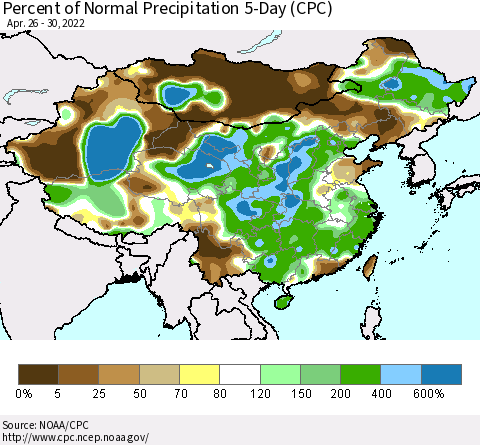 China, Mongolia and Taiwan Percent of Normal Precipitation 5-Day (CPC) Thematic Map For 4/26/2022 - 4/30/2022
