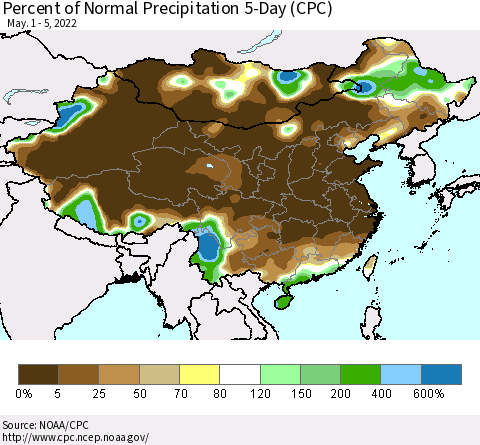 China, Mongolia and Taiwan Percent of Normal Precipitation 5-Day (CPC) Thematic Map For 5/1/2022 - 5/5/2022