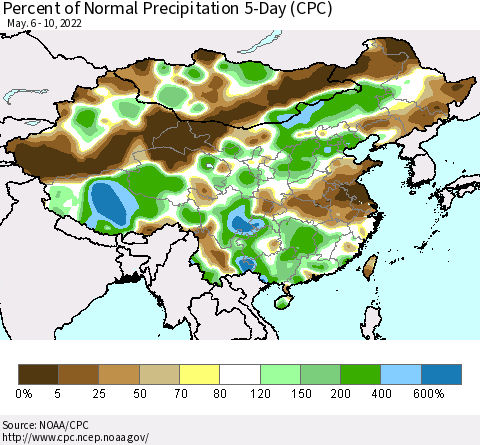 China, Mongolia and Taiwan Percent of Normal Precipitation 5-Day (CPC) Thematic Map For 5/6/2022 - 5/10/2022