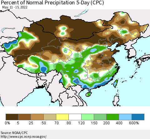 China, Mongolia and Taiwan Percent of Normal Precipitation 5-Day (CPC) Thematic Map For 5/11/2022 - 5/15/2022