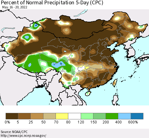 China, Mongolia and Taiwan Percent of Normal Precipitation 5-Day (CPC) Thematic Map For 5/16/2022 - 5/20/2022