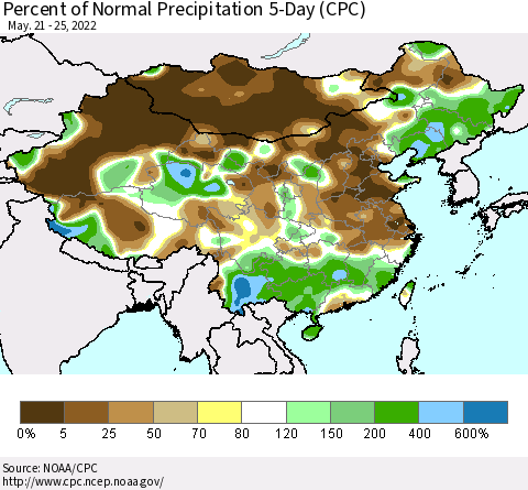 China, Mongolia and Taiwan Percent of Normal Precipitation 5-Day (CPC) Thematic Map For 5/21/2022 - 5/25/2022