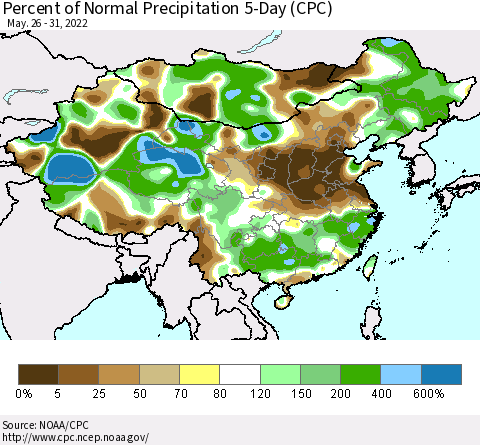 China, Mongolia and Taiwan Percent of Normal Precipitation 5-Day (CPC) Thematic Map For 5/26/2022 - 5/31/2022