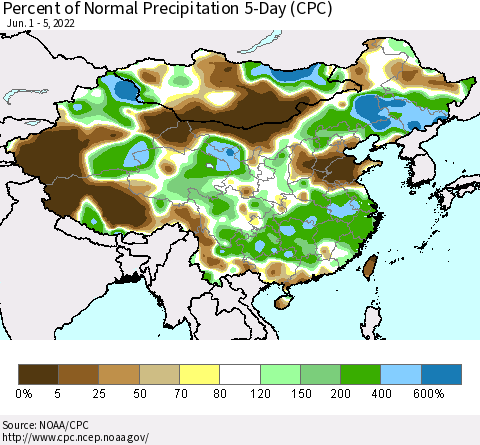 China, Mongolia and Taiwan Percent of Normal Precipitation 5-Day (CPC) Thematic Map For 6/1/2022 - 6/5/2022