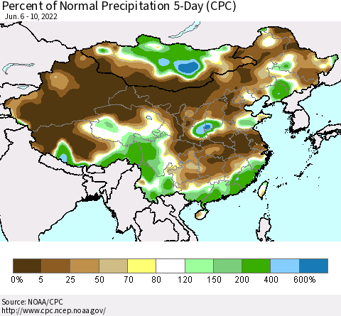 China, Mongolia and Taiwan Percent of Normal Precipitation 5-Day (CPC) Thematic Map For 6/6/2022 - 6/10/2022