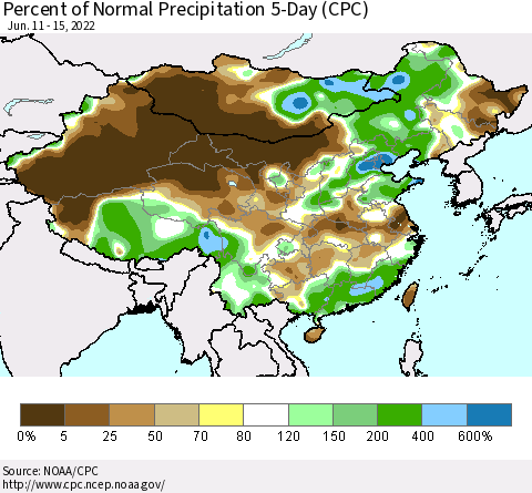China, Mongolia and Taiwan Percent of Normal Precipitation 5-Day (CPC) Thematic Map For 6/11/2022 - 6/15/2022