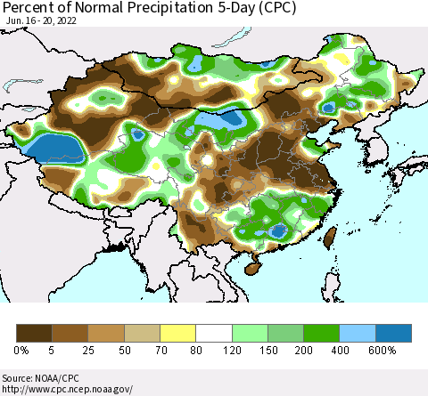 China, Mongolia and Taiwan Percent of Normal Precipitation 5-Day (CPC) Thematic Map For 6/16/2022 - 6/20/2022