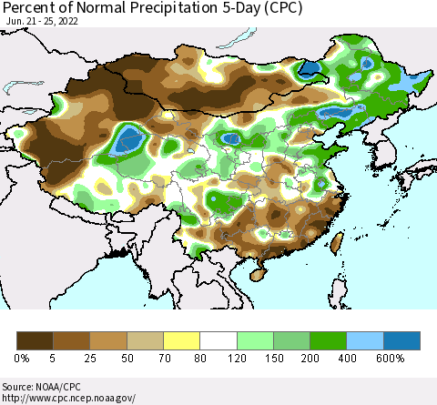 China, Mongolia and Taiwan Percent of Normal Precipitation 5-Day (CPC) Thematic Map For 6/21/2022 - 6/25/2022