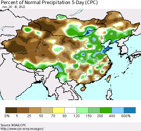 China, Mongolia and Taiwan Percent of Normal Precipitation 5-Day (CPC) Thematic Map For 6/26/2022 - 6/30/2022