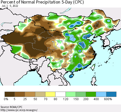 China, Mongolia and Taiwan Percent of Normal Precipitation 5-Day (CPC) Thematic Map For 7/1/2022 - 7/5/2022