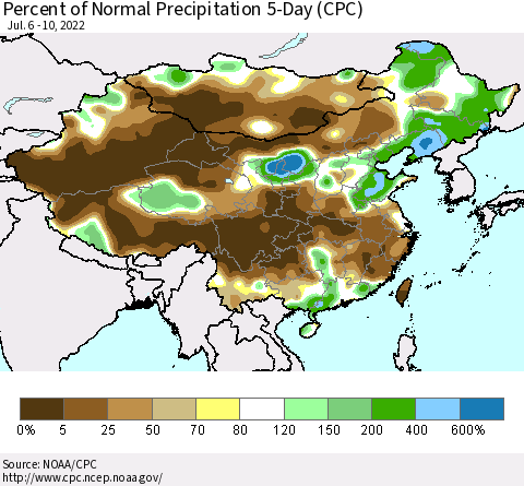 China, Mongolia and Taiwan Percent of Normal Precipitation 5-Day (CPC) Thematic Map For 7/6/2022 - 7/10/2022