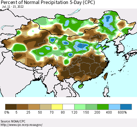 China, Mongolia and Taiwan Percent of Normal Precipitation 5-Day (CPC) Thematic Map For 7/11/2022 - 7/15/2022