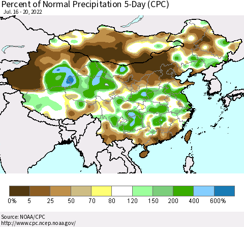 China, Mongolia and Taiwan Percent of Normal Precipitation 5-Day (CPC) Thematic Map For 7/16/2022 - 7/20/2022
