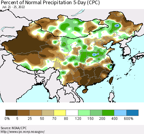 China, Mongolia and Taiwan Percent of Normal Precipitation 5-Day (CPC) Thematic Map For 7/21/2022 - 7/25/2022