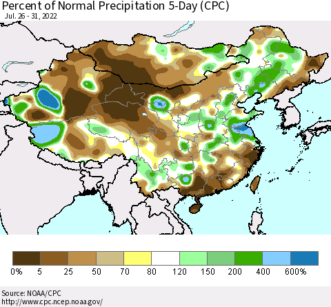 China, Mongolia and Taiwan Percent of Normal Precipitation 5-Day (CPC) Thematic Map For 7/26/2022 - 7/31/2022