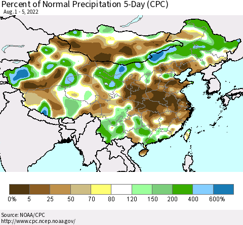 China, Mongolia and Taiwan Percent of Normal Precipitation 5-Day (CPC) Thematic Map For 8/1/2022 - 8/5/2022