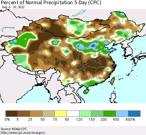 China, Mongolia and Taiwan Percent of Normal Precipitation 5-Day (CPC) Thematic Map For 8/6/2022 - 8/10/2022