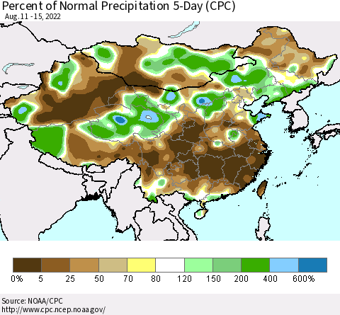 China, Mongolia and Taiwan Percent of Normal Precipitation 5-Day (CPC) Thematic Map For 8/11/2022 - 8/15/2022