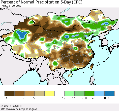 China, Mongolia and Taiwan Percent of Normal Precipitation 5-Day (CPC) Thematic Map For 8/16/2022 - 8/20/2022
