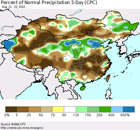 China, Mongolia and Taiwan Percent of Normal Precipitation 5-Day (CPC) Thematic Map For 8/21/2022 - 8/25/2022