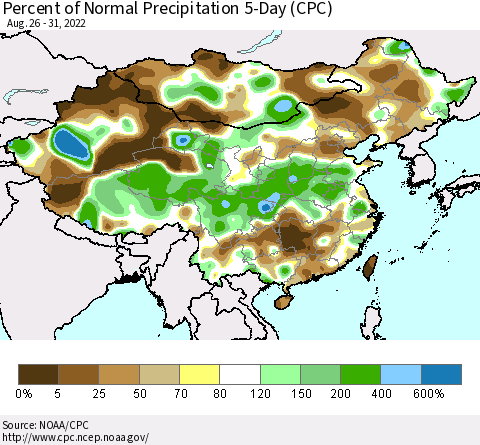 China, Mongolia and Taiwan Percent of Normal Precipitation 5-Day (CPC) Thematic Map For 8/26/2022 - 8/31/2022