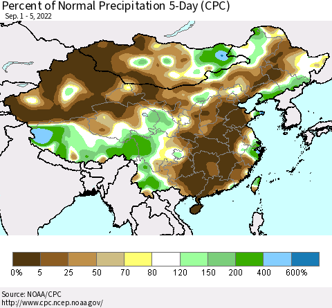 China, Mongolia and Taiwan Percent of Normal Precipitation 5-Day (CPC) Thematic Map For 9/1/2022 - 9/5/2022