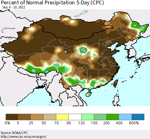 China, Mongolia and Taiwan Percent of Normal Precipitation 5-Day (CPC) Thematic Map For 9/6/2022 - 9/10/2022