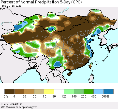 China, Mongolia and Taiwan Percent of Normal Precipitation 5-Day (CPC) Thematic Map For 9/11/2022 - 9/15/2022