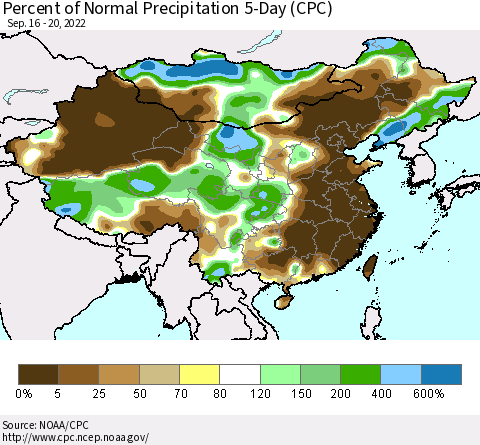 China, Mongolia and Taiwan Percent of Normal Precipitation 5-Day (CPC) Thematic Map For 9/16/2022 - 9/20/2022