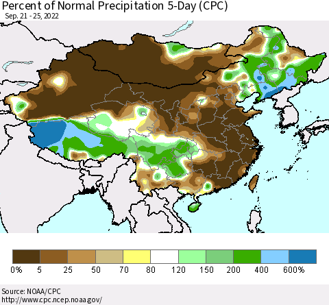 China, Mongolia and Taiwan Percent of Normal Precipitation 5-Day (CPC) Thematic Map For 9/21/2022 - 9/25/2022