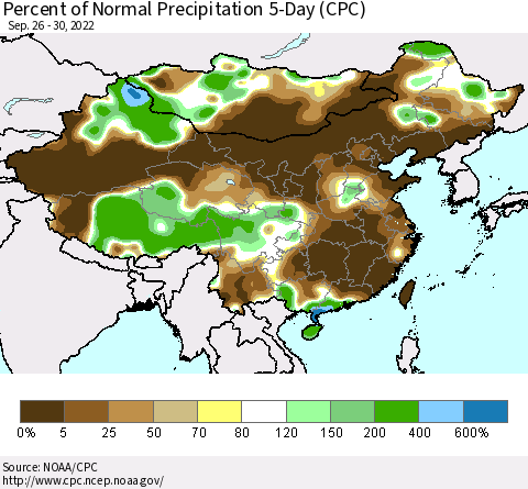 China, Mongolia and Taiwan Percent of Normal Precipitation 5-Day (CPC) Thematic Map For 9/26/2022 - 9/30/2022